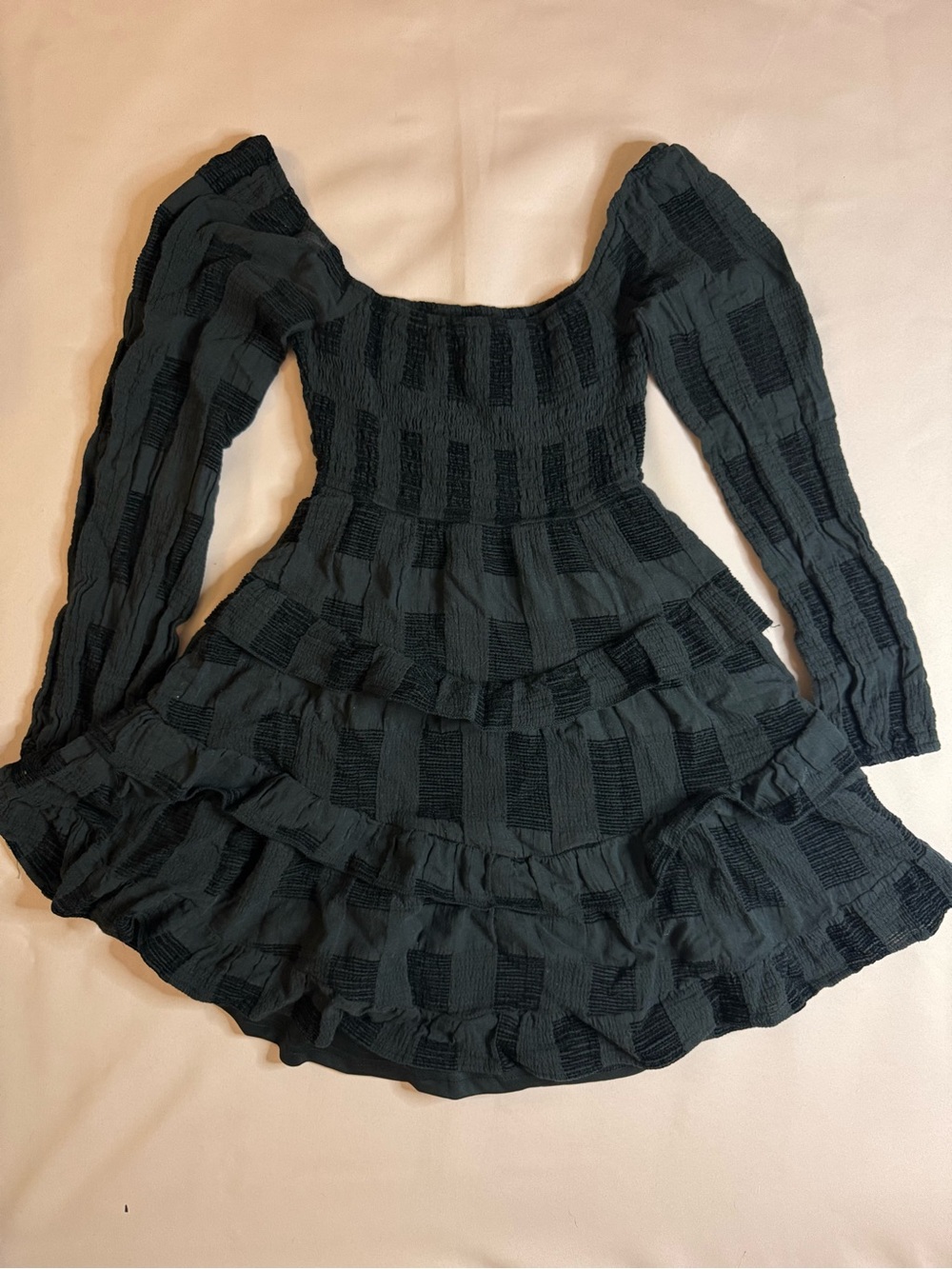 Altar’d State - Textured Long Sleeve Tiered Mini Dress Black Checkered - Size XS